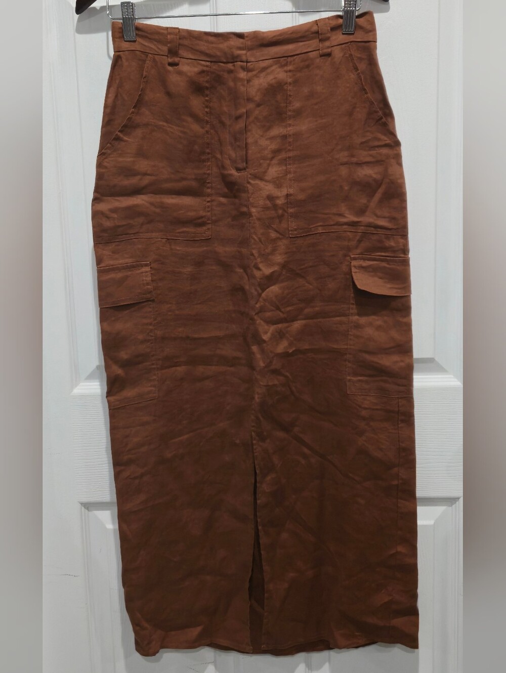 Magaschoni 100% Linen Cargo Midi Skirt Size 6 Rust Brown Utility Maxi Skirt - Picture 11 of 13